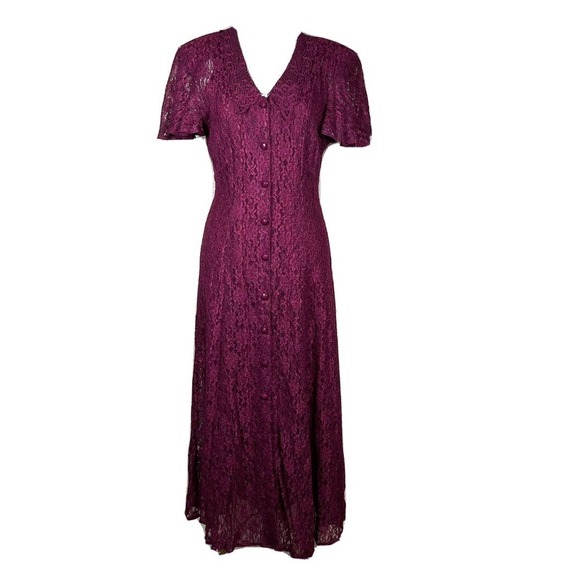 Dawn Joy Dresses & Skirts - Vintage 80’s Dawn Joy Midi Dress Lace Burgundy Button Front Size 8